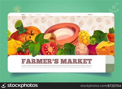 Farmer market cartoon landing page with fresh natural food, dairy products, vegetable, berries and eggs. Ecological agriculture production fair, invitation, promotion Vector web banner design. Farmer market cartoon landing page with fresh food