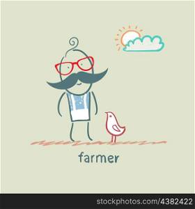 farmer next to the chicken