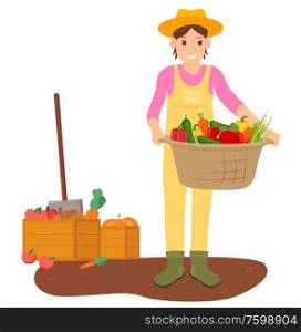 Farmer on harvesting season vector, person with woven basket and fruits in it, pepper and tomato, carrots and apples in wooden boxes on ground flat style. Farming Woman Holding Basket with Fruits Vector
