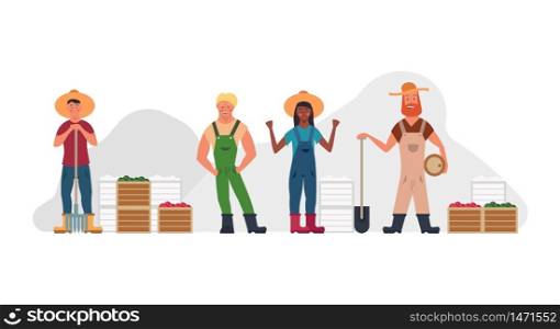 Farmer people set agriculture cartoon vector illustration. Isolated man and woman with hat, vegetable food. Harvest rural happy character collection. Village profession gardener ranch with fork , rake