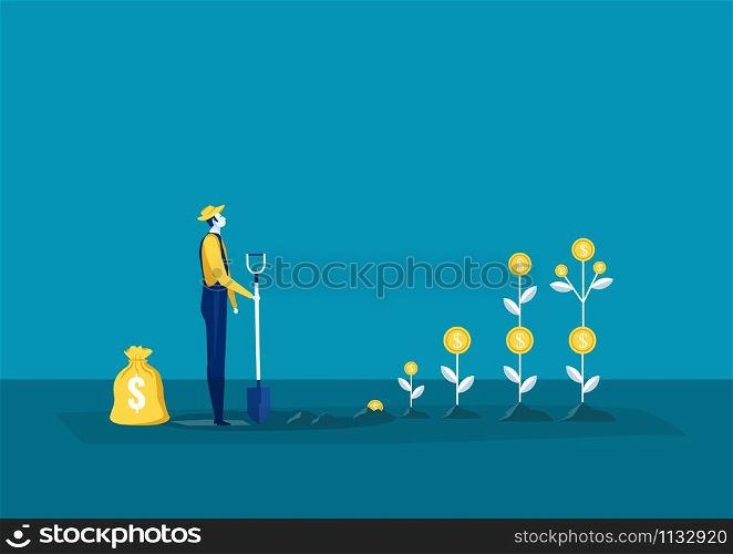 farmer plant a money tree or picking dollars from money tree. Business growth, Vector illustration