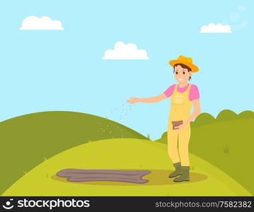 Farmer planting seeds on green field. Woman sowing seeds in ground, plantation of farm surrounded by nature and bushes. Farmland ranch work vector. Farmer Planting Seeds on Field Vector Illustration