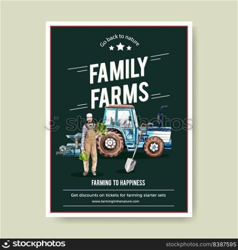 Farmer poster design with man, tractors watercolor illustration.  