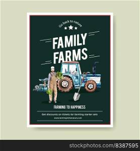 Farmer poster design with man, tractors watercolor illustration.  