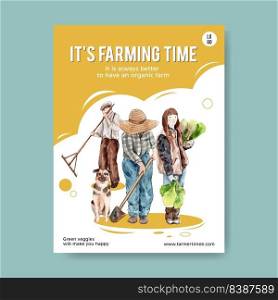 Farmer poster design with men, woman, dog watercolor illustration.  