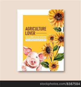 Farmer poster design with pig, sunflower watercolor illustration.  