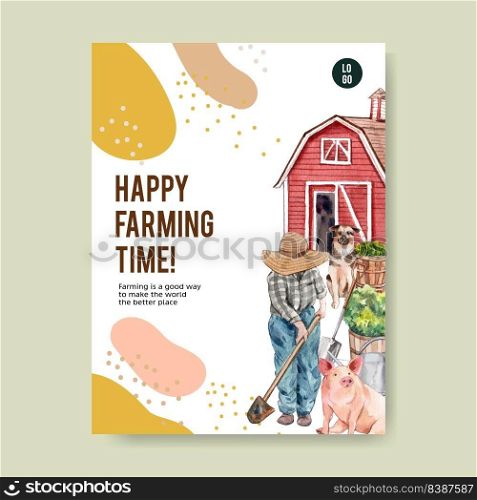 Farmer poster design with warehouse, dog watercolor illustration.  