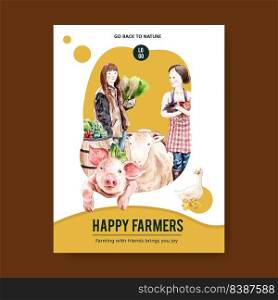 Farmer poster design with women, pig, duck watercolor illustration.  