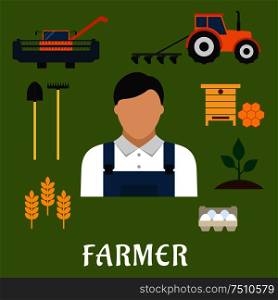 Farmer profession and agriculture flat icons of shovel, rake, combine, tractor with plough, beehive with honeycomb, eggs, ripe wheat ears, green plant and man in overalls. Farmer profession and agriculture flat icons