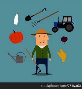 Farmer profession icons with man in overalls and straw hat among beet and corn cob, milk bottle and pumpkin, barn and shovel, bucket, watering can and tractor. Farmer man and agriculture icons