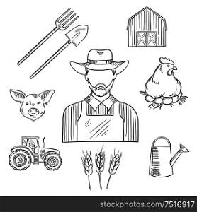Farmer profession sketch for agriculture design with bearded man in hat and overalls, encircled by tractor, barn, wheat plantings, spade, pitchfork and watering can, chicken on roost with eggs and pig. Sketch of farmer profession for agriculture design