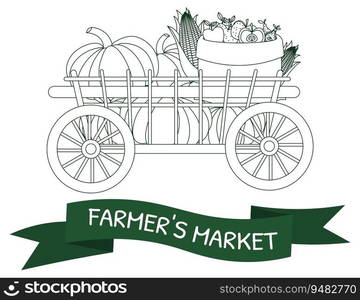 Farmer&rsquo;s market poster. A trolley with a pumpkin, corn and fruit harvest and an award ribbon with an inscription. Farmers market poster collection. Vector banner templates with inscription for local food fair. Fresh organic produce from the local farmers&rsquo; market. Vector illustration.. Farmer&rsquo;s market poster. A trolley with a pumpkin, corn and fruit harvest and an award ribbon with an inscription. Farmers market poster collection. 