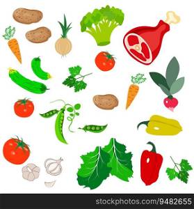  Farmer’s market poster. Vegetables and meat on a white background. Farmers market poster collection. Vector banner templates for local food fair. Fresh organic produce from the local farmers’ market. Vector illustration.. Farmer’s market poster. Vegetables and meat on a white background. Farmers market poster collection. Vector banner templates for local food fair. 