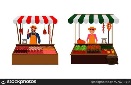 Farmer sellers on market set vector. Isolated icons with vendors in tents kiosks with veggies and meat products. Pork and chicken, pepper and tomatoes. Farmer Sellers on Market Set Vector Illustration