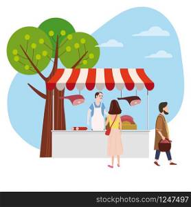 Farmer selling meat products vector. Isolated icon of man with beef pork and chicken production. Sausages and raw steaks, frankfurter in tent kiosk. Street food meat market talls canopy and products beef pork and chicken production. Seller and Buyers. Vector, Illustration, Isolated, Banner, Template Cartoon flat