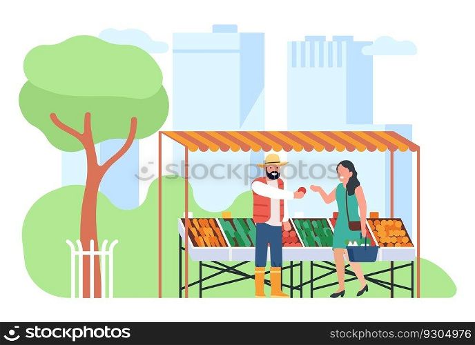Farmer sells fruit at farming organic local market in modern city. Agriculture natural harvest retail. Grocery outdoor kiosk. Woman buying fresh food products. Man at stall counter. Vector concept. Farmer sells fruit at farming organic market in modern city. Agriculture natural harvest retail. Grocery kiosk. Woman buying fresh food products. Man at stall counter. Vector concept