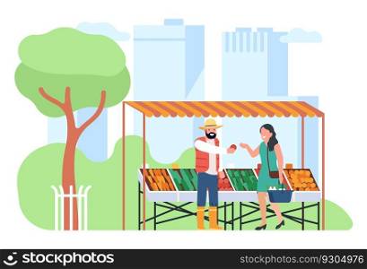 Farmer sells fruit at farming organic local market in modern city. Agriculture natural harvest retail. Grocery outdoor kiosk. Woman buying fresh food products. Man at stall counter. Vector concept. Farmer sells fruit at farming organic market in modern city. Agriculture natural harvest retail. Grocery kiosk. Woman buying fresh food products. Man at stall counter. Vector concept