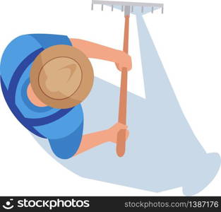 Farmer semi flat RGB color vector illustration. Man work on field. Male worker with rake. Agronom work on plantation soil. Gardener isolated cartoon character top view on white background. Farmer semi flat RGB color vector illustration