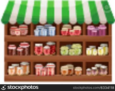 Farmer shop of berry jam. Counter with products. Vector