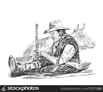 farmer sleeping in his arms shotgun behind cow