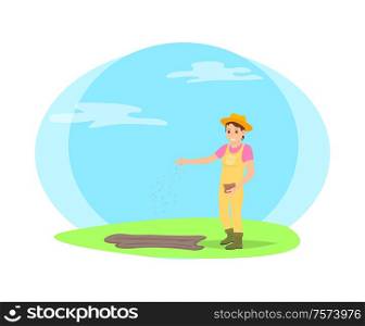 Farmer sowing seeds into garden beds cartoon vector icon. Happy woman in farming uniform, and hat with bag of grain in hand throwing kernels in ground. Farmer Sowing Seeds Into Garden Beds Cartoon Icon