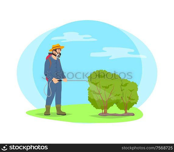 Farmer spray chemicals on shrubs vector cartoon icon. Man in protective suit and respirator splashing pesticides from harmful insects and plants.. Farmer Spray Chemicals on Plants Cartoon Icon