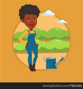 Farmer standing near a watering can on the background of agricultural field with green bushes. Woman watering plants in garden. Vector flat design illustration in the circle isolated on background.. Farmer with watering can at field.