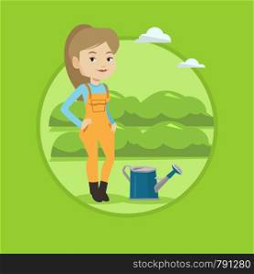 Farmer standing near a watering can on the background of agricultural field with green bushes. Woman watering plants in garden. Vector flat design illustration in the circle isolated on background.. Farmer with watering can at field.