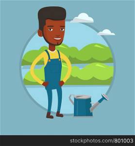 Farmer standing near a watering can on the background of agricultural field with green bushes. Farmer watering plants in garden. Vector flat design illustration in the circle isolated on background.. Farmer with watering can at field.