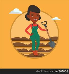 Farmer standing with shovel on the background of field. Woman working in field with a shovel. Woman plowing field with a shovel. Vector flat design illustration in the circle isolated on background.. Farmer with shovel at field vector illustration.