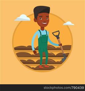 Farmer standing with shovel on the background of plowed field. Man working in field with a shovel. Man plowing field with a shovel. Vector flat design illustration in the circle isolated on background. Farmer with shovel at field vector illustration.