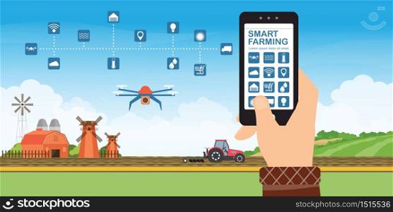 Farmer using smart phone for control and monitoring on the field with agricultural drones for control agricultural production, processing and logistic center for growing vegetables, vector illustration.