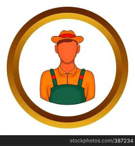 Farmer vector icon in golden circle, cartoon style isolated on white background. Farmer vector icon