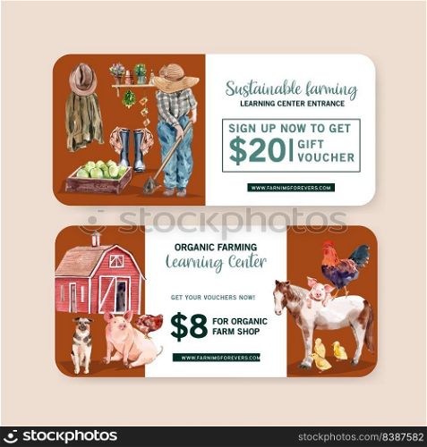 Farmer voucher design with horse, pig, vegetable watercolor illustration.  