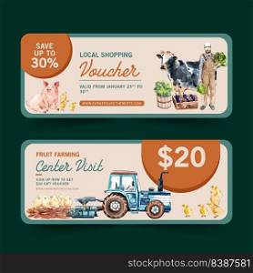 Farmer voucher design with vegetable, daily cattle watercolor illustration.  