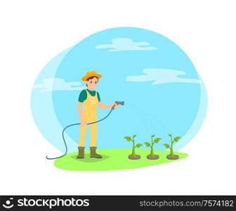 Farmer watering vegetables from hose vector cartoon icon. Happy woman in uniform, boots and hat pouring plants, isolated on field, working on farm. Farmer Watering Vegetables Vector Cartoon Icon