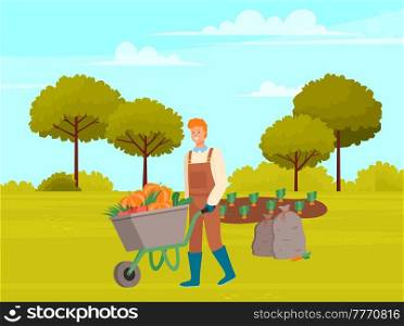 Farmer wearing in overalls and rubber boots pushing wheelbarrow full of vegetables. Agricultural male worker, autumn harvest. Man going with vegetables in cart, harvesting tomato, pumpkin, carrot. Farmer wearing in overalls and rubber boots pushing wheelbarrow full of vegetables, autumn harvest