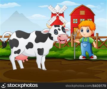 Farmer with a cow in front of his barn	