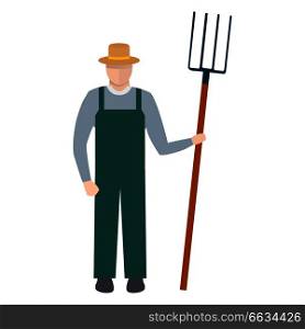 Farmer with a pitchfork in straw hat and green overalls vector illustration isolated on white background. Farm worker in flat style. Farmer with a Pitchfork in Hat and Green Overalls
