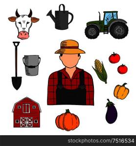 Farmer with agriculture and farming icons of cow and tractor, barn and fresh pumpkin, tomato and eggplant, corn and bell pepper vegetables, watering can, shovel and bucket. Farmer with agriculture and farming icons
