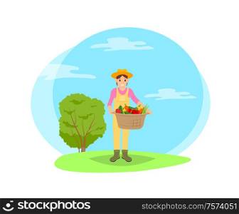 Farmer with basket of veggies in garden cartoon style vector badge. Smiling happy woman in hat, uniform and boots picking goods, working on farm theme. Farmer with Basket of Veggies in Garden Cartoon