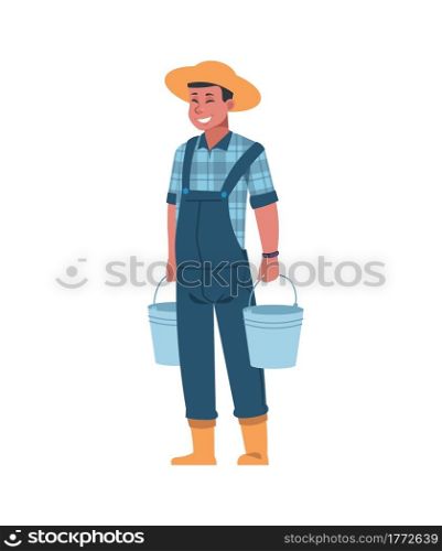 Farmer with buckets. Cartoon agricultural worker carrying gardening instruments. Isolated happy man holding metal baskets. Cute young gardener takes care or plants. Vector male character harvesting. Farmer with buckets. Cartoon agricultural worker carrying gardening instruments. Happy man holding metal baskets. Young gardener takes care or plants. Vector male character harvesting