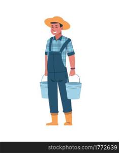 Farmer with buckets. Cartoon agricultural worker carrying gardening instruments. Isolated happy man holding metal baskets. Cute young gardener takes care or plants. Vector male character harvesting. Farmer with buckets. Cartoon agricultural worker carrying gardening instruments. Happy man holding metal baskets. Young gardener takes care or plants. Vector male character harvesting