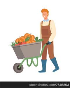 Farmer with cart vector, isolated person pushing trolley filled with pumpkin harvesting season, working male with veggies ripe vegetables flat style. Smiling Man Working on Field, Cart with Pumpkin