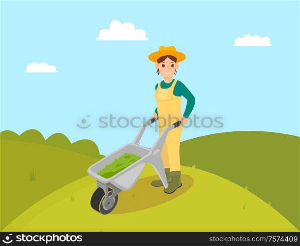 Farmer with compost in trolley vector. Farming woman wearing uniform and hat. Fertilizing ground, lady with cart and fertile liquids in metal carriage. Farmer with Compost in Trolley Vector Illustration