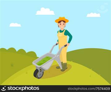 Farmer with compost in trolley vector. Farming woman wearing uniform and hat. Fertilizing ground, lady with cart and fertile liquids in metal carriage. Farmer with Compost in Trolley Vector Illustration