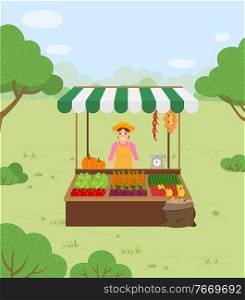 Farmer with crop sells his products at kiosk in park. Autumn harvest festival time. Vegetables in boxes like tomato and pepper vector illustration. Farmer Sells Vegetables in Autumn Harvest Time