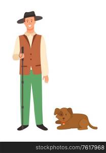 Farmer with dog isolated cartoon character in hat. Vector smiling man with stick and adorable brown puppy, agriculture and kinology concept, person and pet. Farmer with Dog Isolated Cartoon Character in Hat