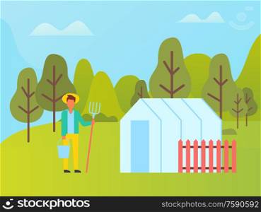 Farmer with fork near greenhouse with red fence. Vector country man in straw hat with bucket in hands at landscape of green trees, summer or spring season. Farmer with Fork near Greenhouse with Red Fence