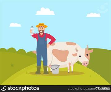 Farmer with milk package dairy product in hand vector. Farming person with animal cow, livestock tending for cattle. Hill and bushes, sky with clouds. Farmer with Milky Product Vector Illustration